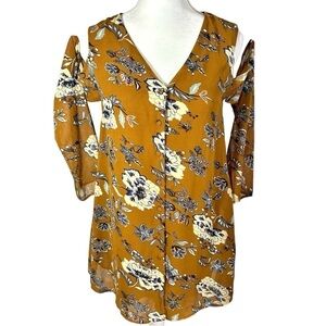 🌸NWT- Onetheland- Mustard Floral Cold Shoulder Button Down Tunic-Size S
